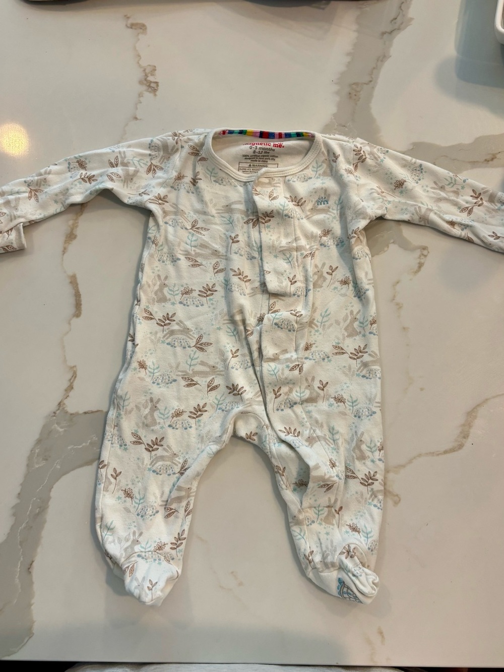 Magnetic Me Cream Footed Pajamas with Brown and Light Blue Floral Pattern